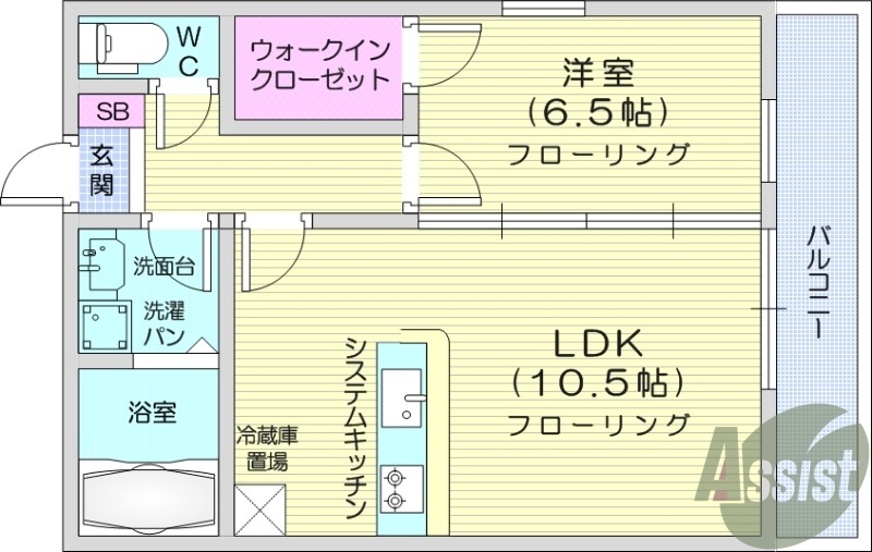 1LDK、南向き開口部、エアコン2基付、システムキッチン付き
