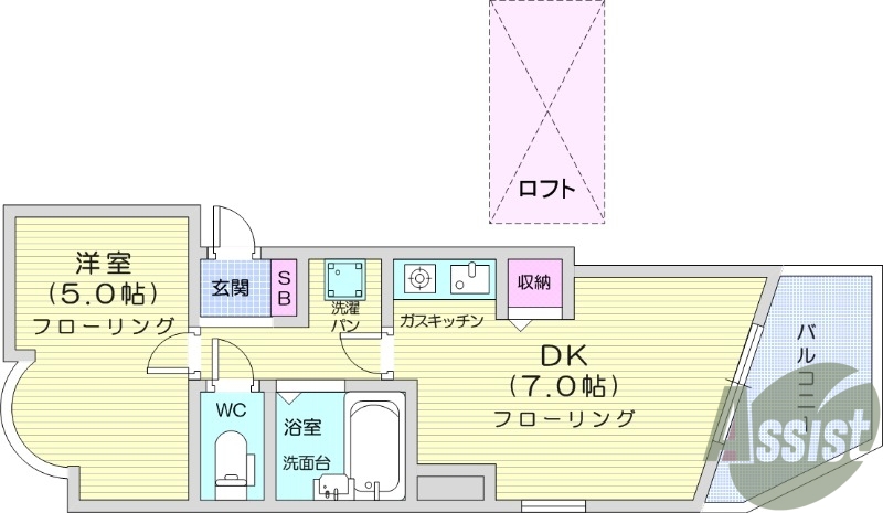 1DK、都市ガス、BT別、室内洗濯機置場、暖房便座