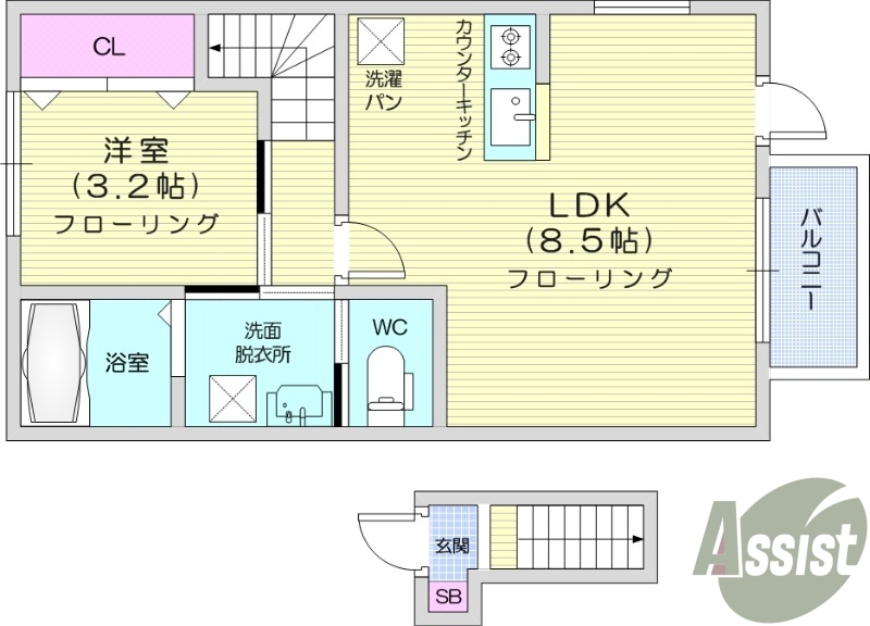 1DK、バルコニー、浴室乾燥機、モニターホン。