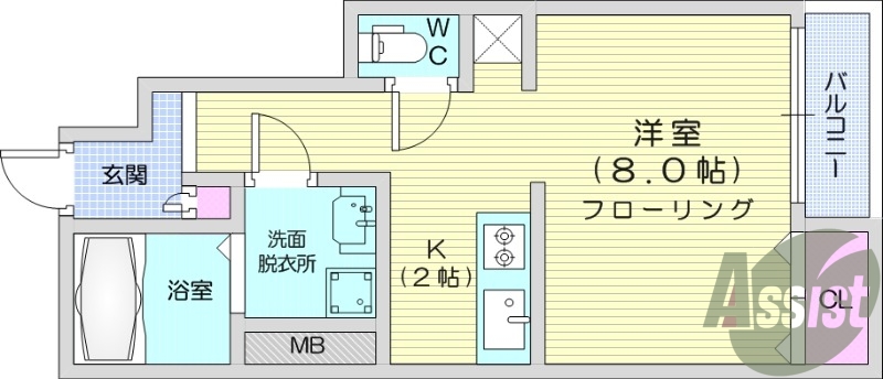 1K、バス・トイレ別温水洗浄付便座、室内洗濯機置場