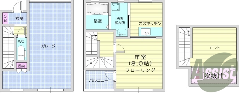 1DK、バストイレ別、室内洗濯機置場、独立洗面台、ロフト