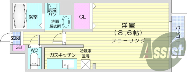 1R、シャワー、フローリング、バルコニー、下駄箱