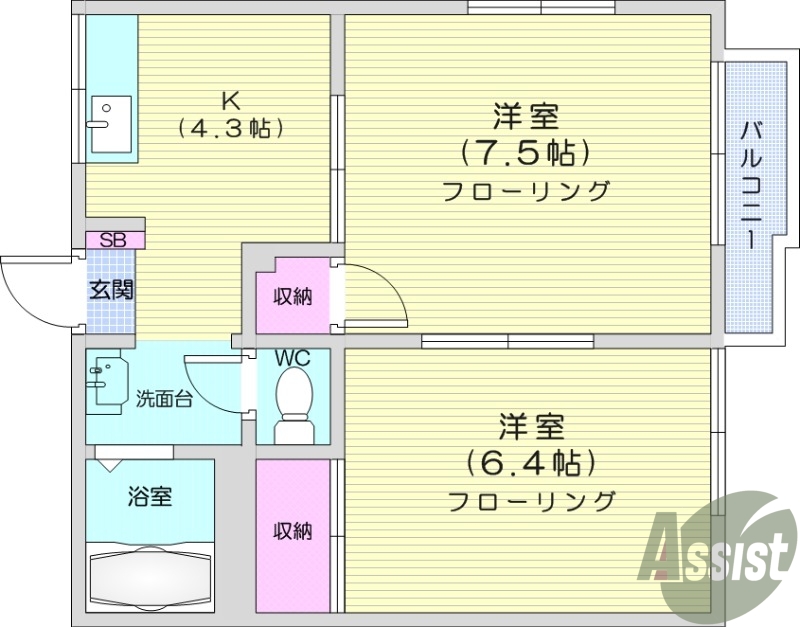 2K、バス・トイレ別、独立洗面台、エアコン、2口ガスコンロ