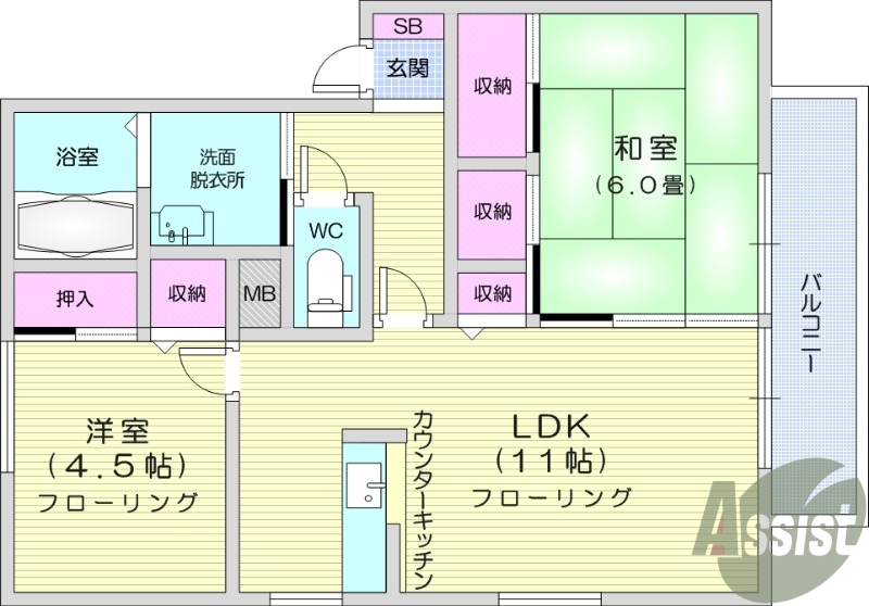 2LDK、洗濯機置き場、温水洗浄便座、エアコン、コンロ設置可