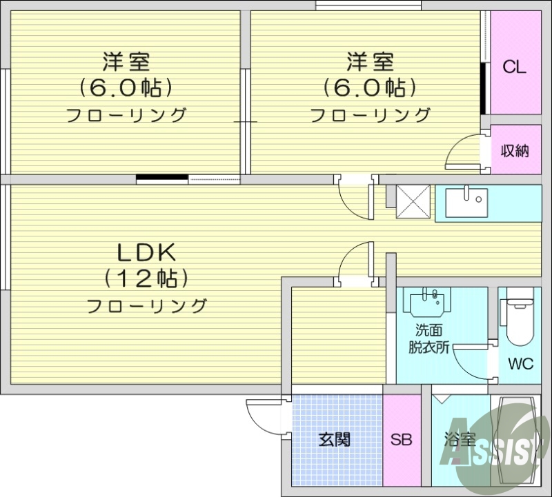 ２LDK、バス・トイレ別、独立洗面台、エアコン、敷地内駐車場