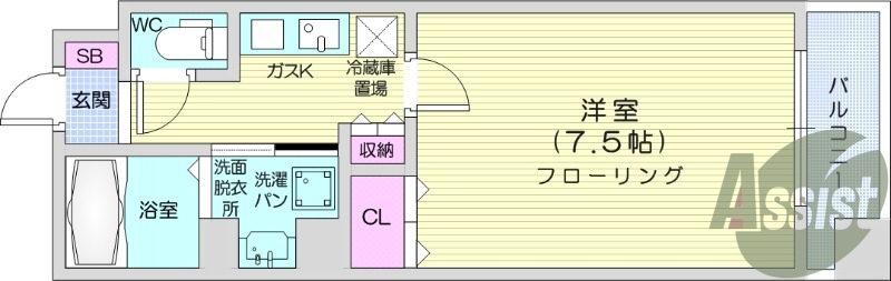 1K、角部屋、追い焚き機能付き、浴室乾燥付き