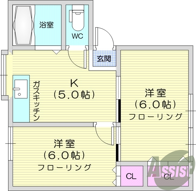 2K、追い焚き、南向き、シャワー付きトイレ、バストイレ別