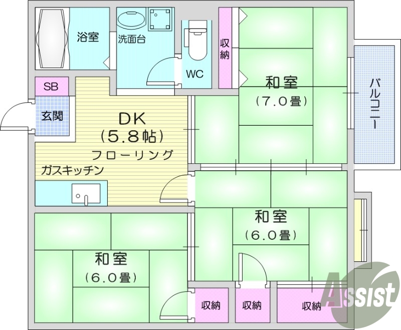 3DK、追い焚き機能、温水洗浄便座、モニターホン。