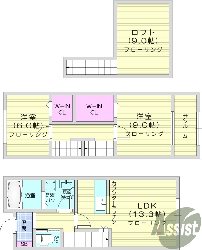 2LDK、ロフト付き、宅配ボックス、追い焚き、ネット無料