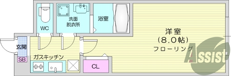 1K、バストイレ別、バルコニー、洗面所独立