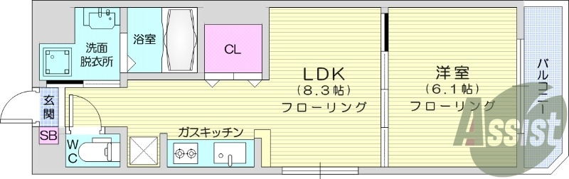1LDK、オートロック、洗面化粧台、モニター付きインターホン
