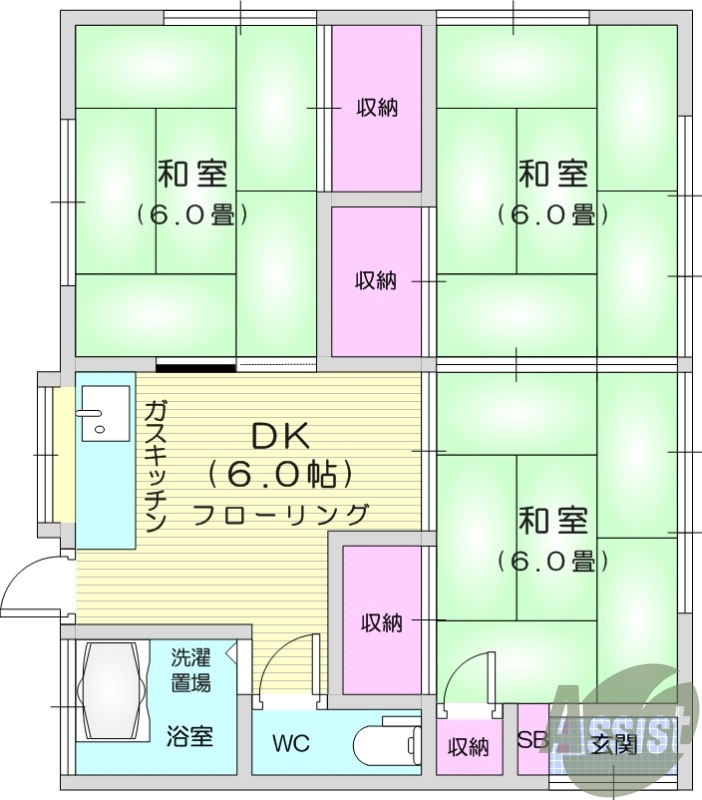 3DK、追い焚き機能、温水洗浄便座、バストイレ別。