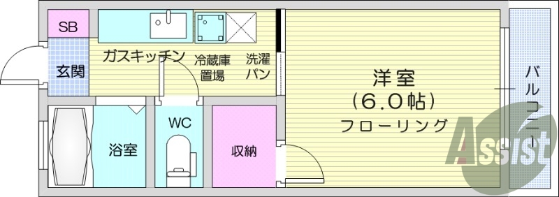 1K、追い焚き期央、都市ガス、駐輪場無料