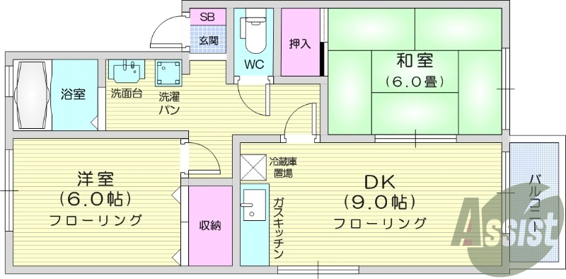 2LDK、バルコニー、追炊機能、浴室乾燥機付き