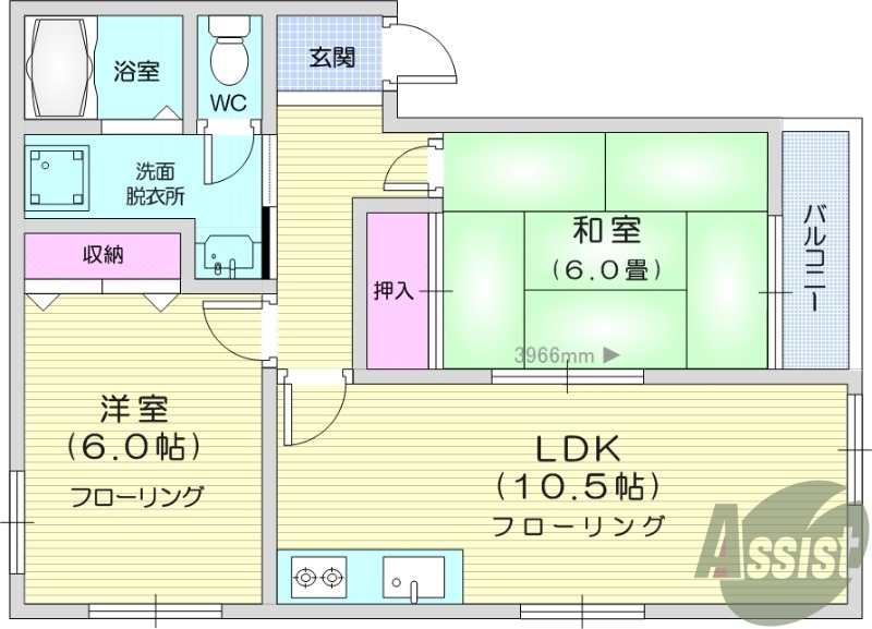 2LDK、バス・トイレ別、温水洗浄便座、室内洗濯機置場