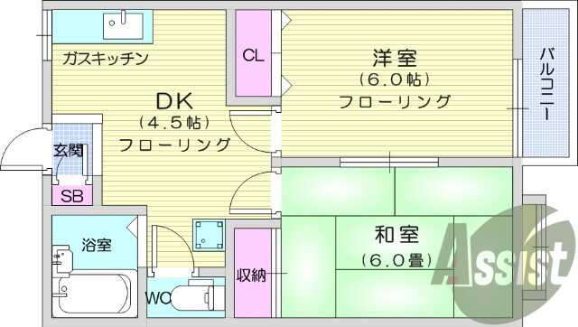 ２DK、追い焚き機能、独立洗面台、モニターホン、バルコニー