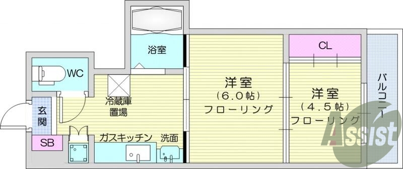 2DK、洗髪洗面化粧台、都市ガス、バストイレ別