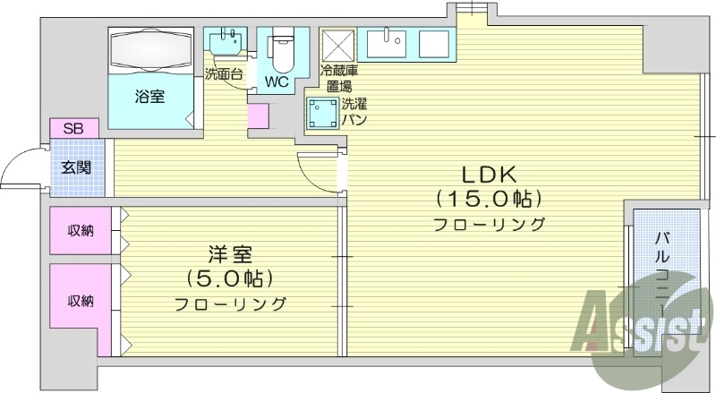 1LDK、都市ガス、バストイレ別、洗面台独立