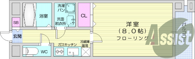 1ｋ、エアコン、バストイレ別、都市ガス、宅配ボックス