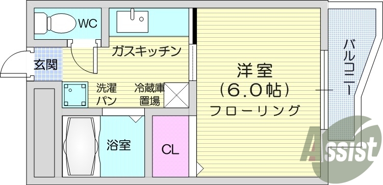 1K、都市ガス、バストイレ別、バルコニー、収納スペース