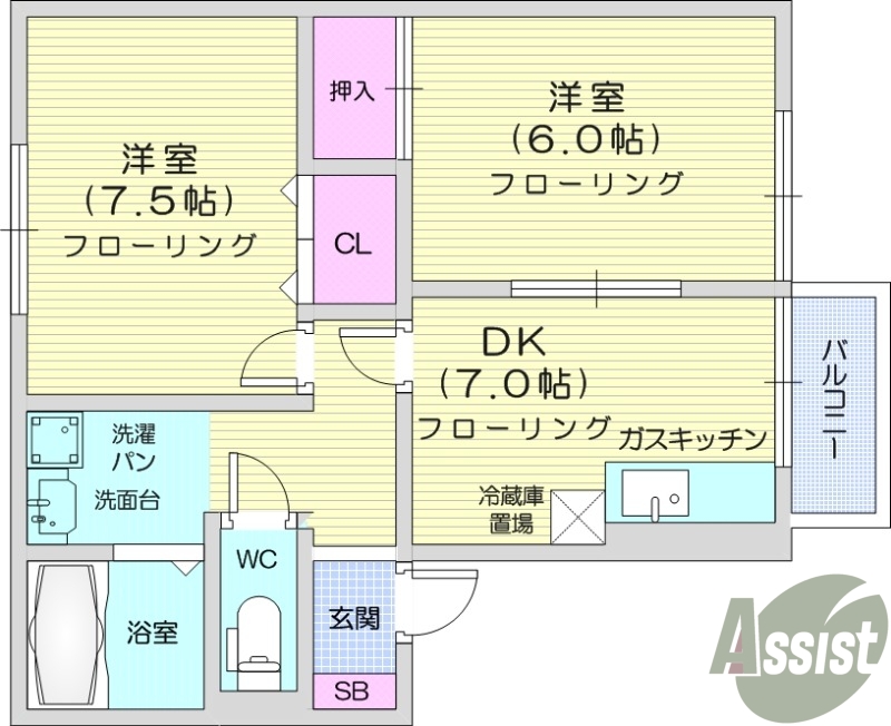 2DK、南向き、追い焚き機能、物置、独立洗面台、BS