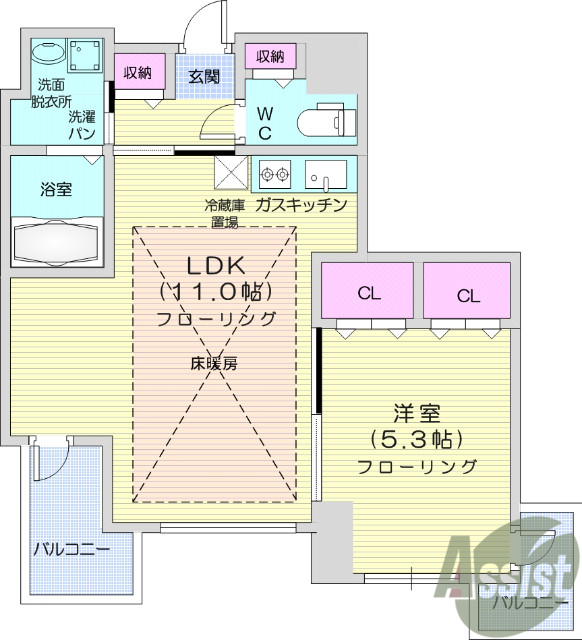 １LDK、床暖房、複層ガラス、非接触型ICカードキー
