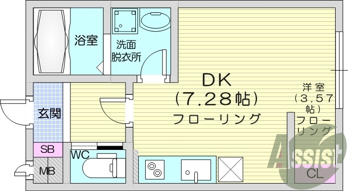 1DK、浴室乾燥機、独立洗面台、室内物干し