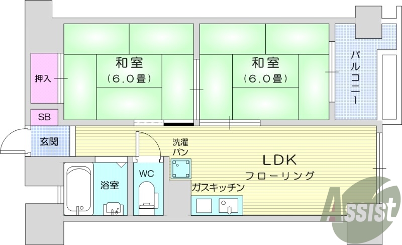 2DK、都市ガス、バストイレ別、洗面台独立