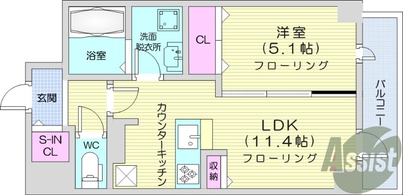 1LDK、オートロック、浴室乾燥機、バルコニー。