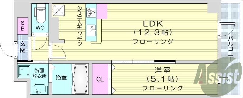 1LDK、オートロック、浴室乾燥機、バルコニー。
