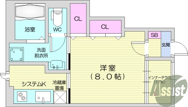 1K、インナーテラス、ネット無料、防犯カメラ、収納、エアコン