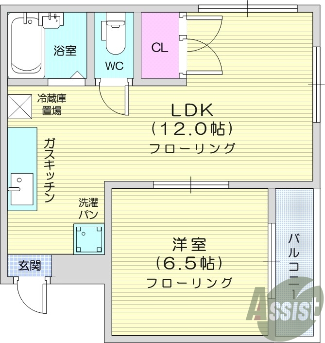 1LDK、バス・トイレ別、室内洗濯機置き場、冷暖房エアコン