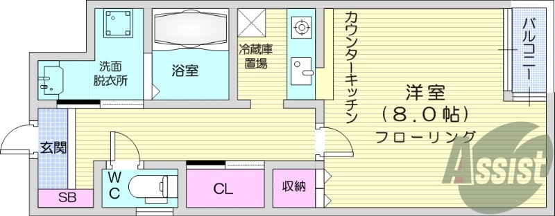 １K、オール電化、カウンターキッチン、モニター付インターホン