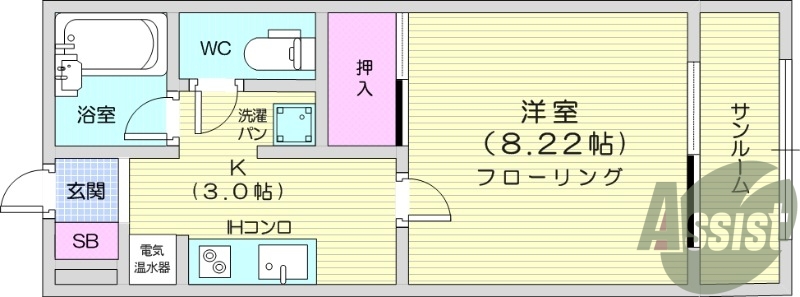 1K、バストイレ別、浴室乾燥機、オール電化、宅配ボックス