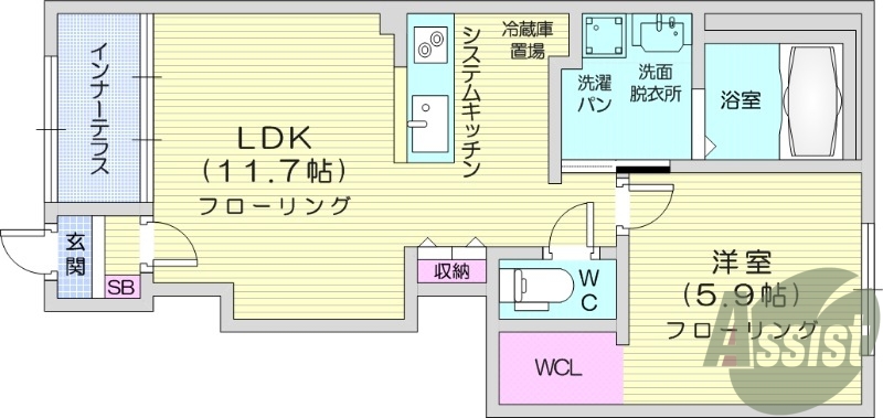 1LDK、エアコン、モニター付きインターホン