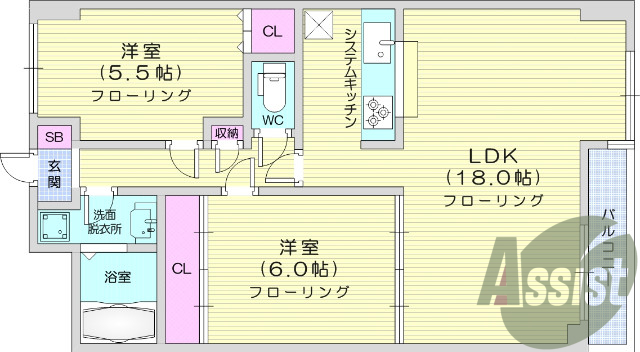2LDK、システムキッチン、オートロック、都市ガス、エアコン