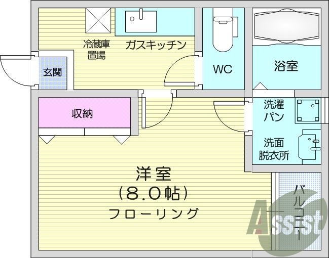 1K、独立洗面台、バルコニー、インターネット対応