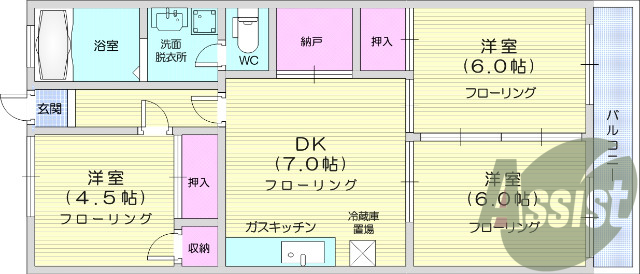 3DK、エアコン、独立洗面台、お風呂トイレ別