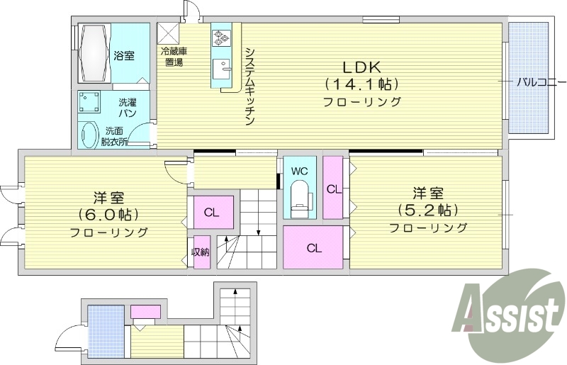 2LDK、バストイレ別、陽当たり良好、室内洗濯置場