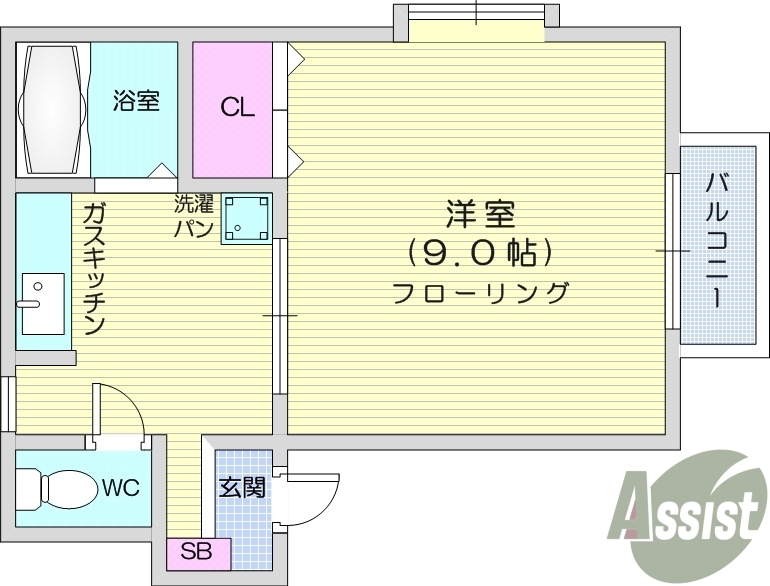 １K、フローリング、エアコン、クローゼット
