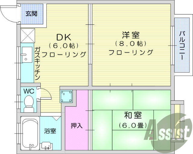 2DK、室内洗濯機置場、出窓、プロパンガス、収納