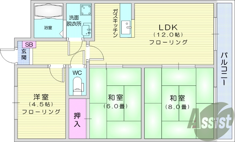 3LDK、都市ガス、和室、バストイレ別、バルコニー、給湯