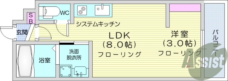 1LDK、エアコン、システムキッチン、浴室乾燥機