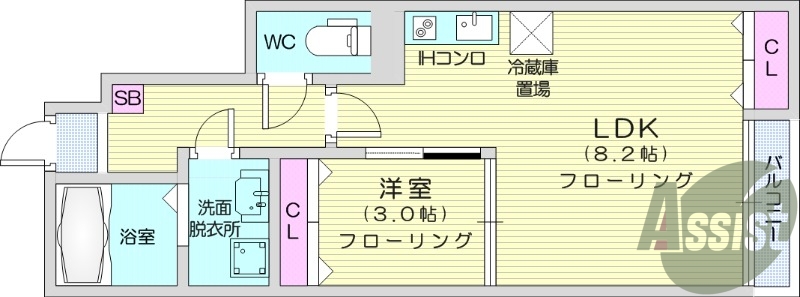 1LDK、システムキッチン、追い焚き機能、エアコン