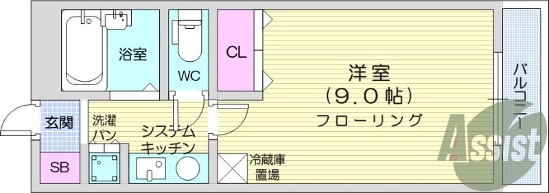 1Ｋ、バストイレ別、都市ガス、モニタ付きインターホン