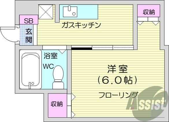 1K、収納スペースあり。