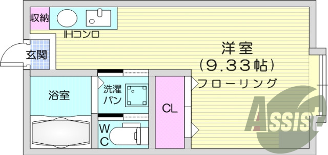 １R、バス・トイレ別、エアコン、クローゼット、バルコニー