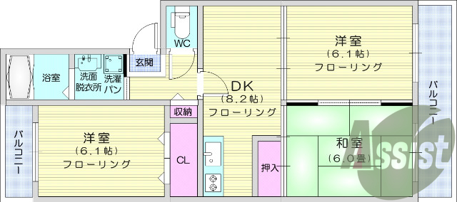 3DK、バストイレ別、追い焚き機能、洗髪洗面台