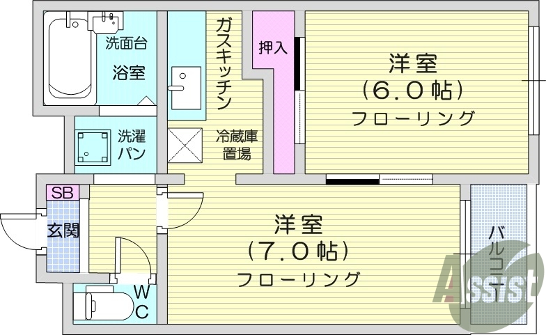 2K、和室、ガスキッチン、室内洗濯機置き場、バストイレ別