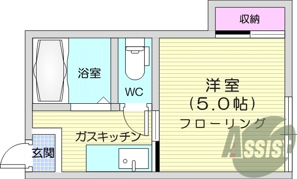 1K、フローリング、バストイレ別